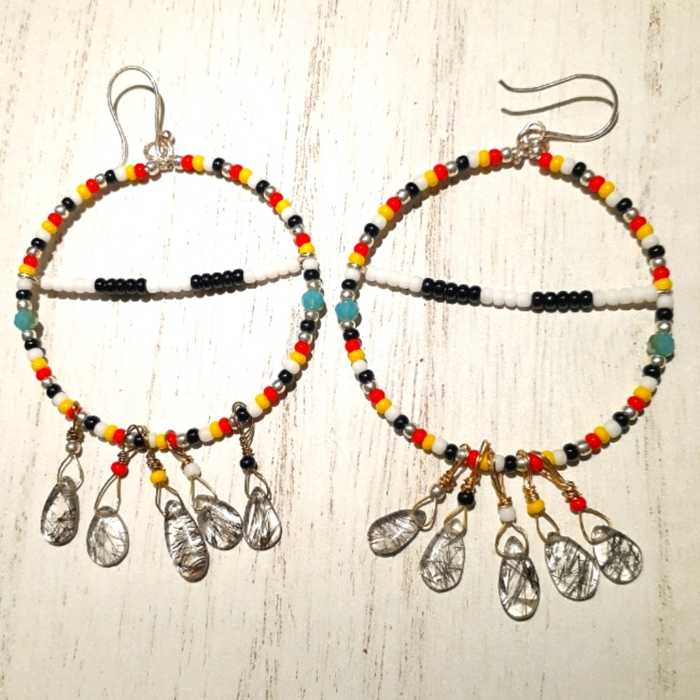 Seed beaded hoops with Rutilated Quartz crystals